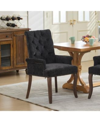 Chenille Upholstered Dining Chair, Wood Legs, Tufted, Black