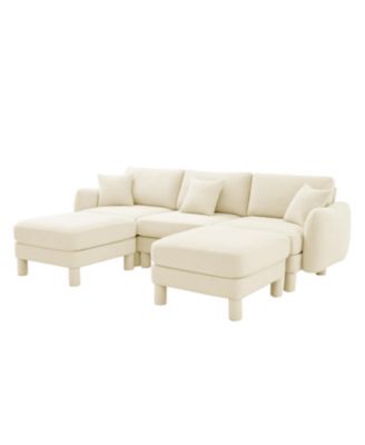 Boucle U-Shape Sectional Sofa with Ottomans & Shell Armrests, Beige