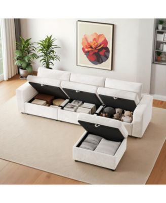 Oversized Cloud Sectional Couch with Ottoman, Velvet Sofa, Removable Pillows, Beige