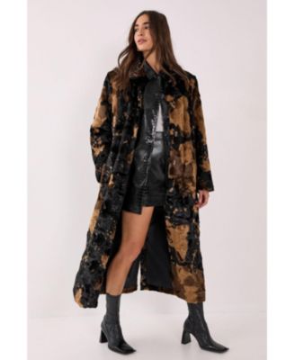 Women's Cow Print Faux Fur Longline Coat