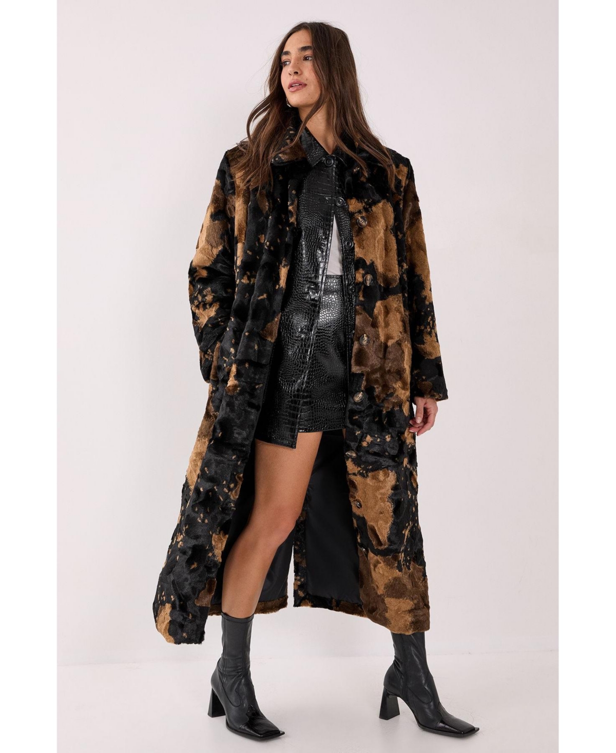 Nasty Gal Women's Cow Print Faux Fur Longline Coat