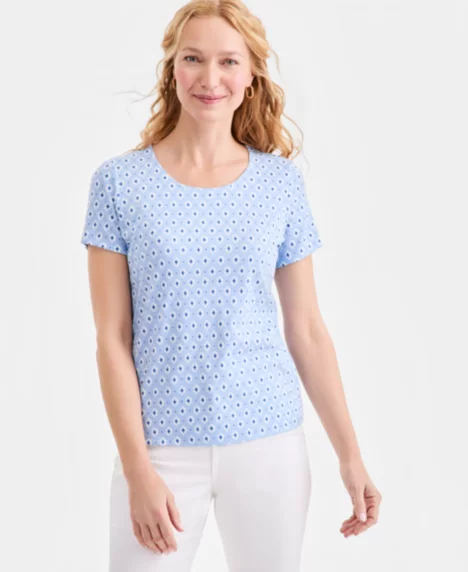 Petite Short-Sleeve Scoop Neck Knit Top - Rain Song Combo
