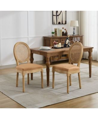 French Style Linen Rattan Dining Chairs, Set of 2, Tan