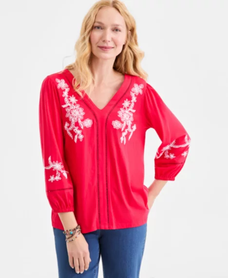 Petite Embroidered Detail V-Neck Top - Fresh Lipstick