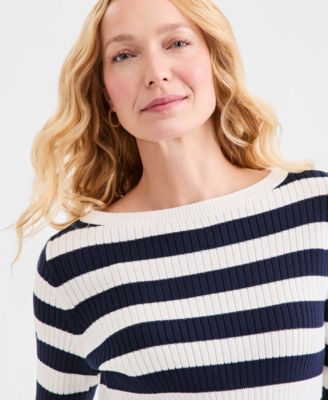 Women's Ribbed Cotton Striped Boatneck Sweater