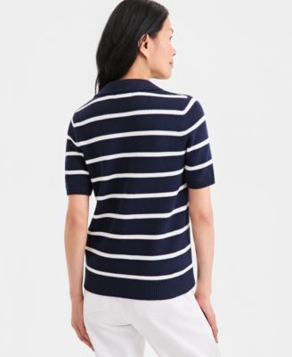 Women's Striped Cotton Elbow-Sleeve Johnny Collar Sweater