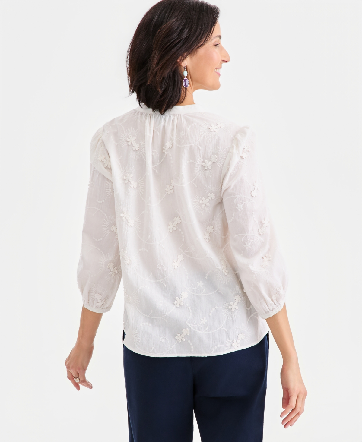 Style & Co Petite Crewneck Embroidered Detail Top, Macy's Exclusive