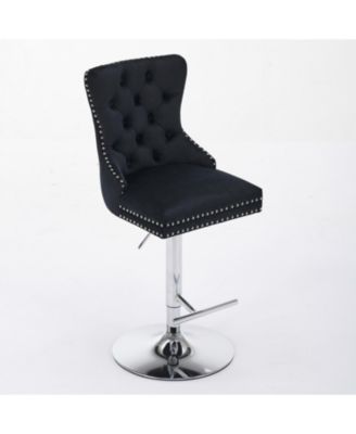 Chrome Swivel Velvet Barstools, Adjustable 25-33", Tufted, Black, Set of 2