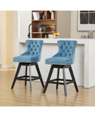 Light Blue Velvet Swivel Bar Stools, Button Tufted, Wood Legs, Set of 2