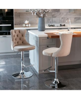  Adjustable Khaki Velvet Bar Stools, Set of 2