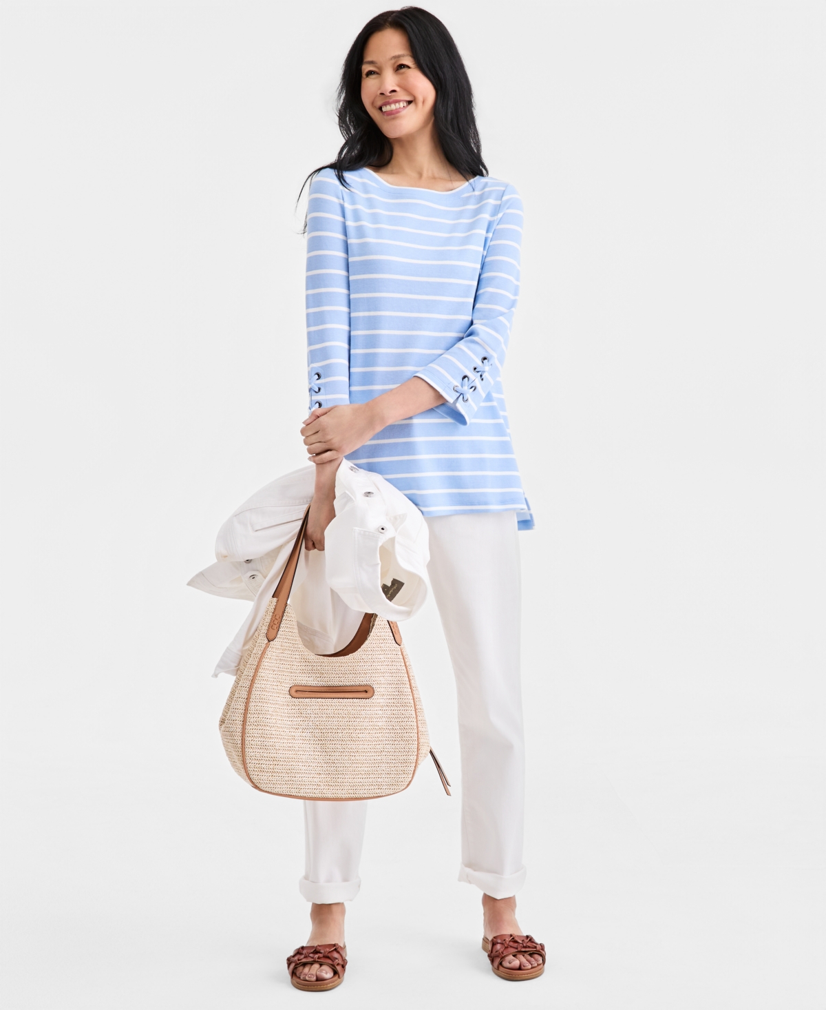 Style & Co Women's Striped Lace-Up-Sleeve Tunic, Macy's Exclusive