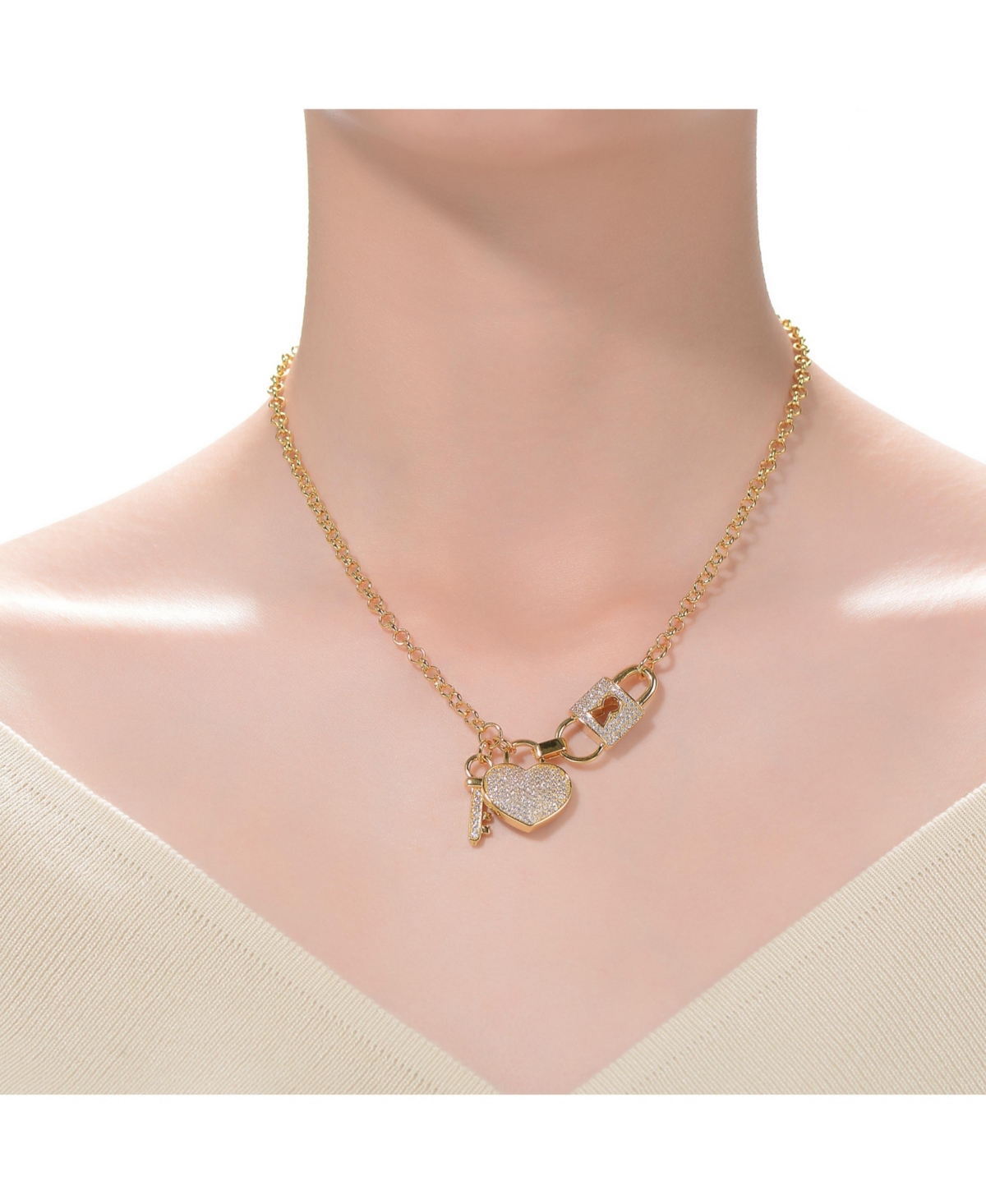 Sterling Silver 14K Gold Plated with Clear Cubic Zirconia Heart & Padlock Charm Necklace