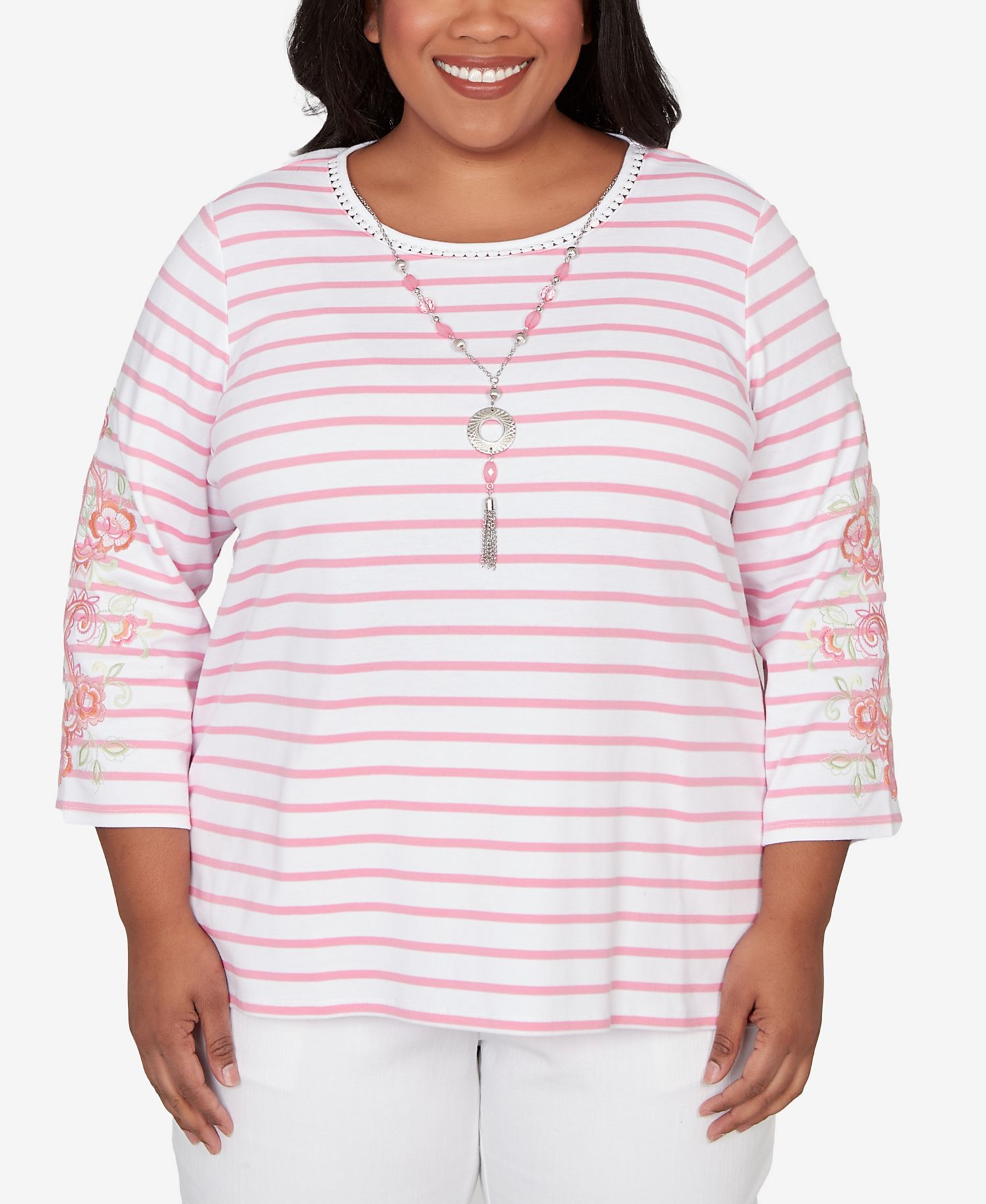 Plus Size Classic Stripe Embroidered Sleeve Top with Necklace