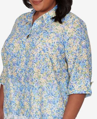 Plus Size Classic Embroidered Floral Border Button Down Top