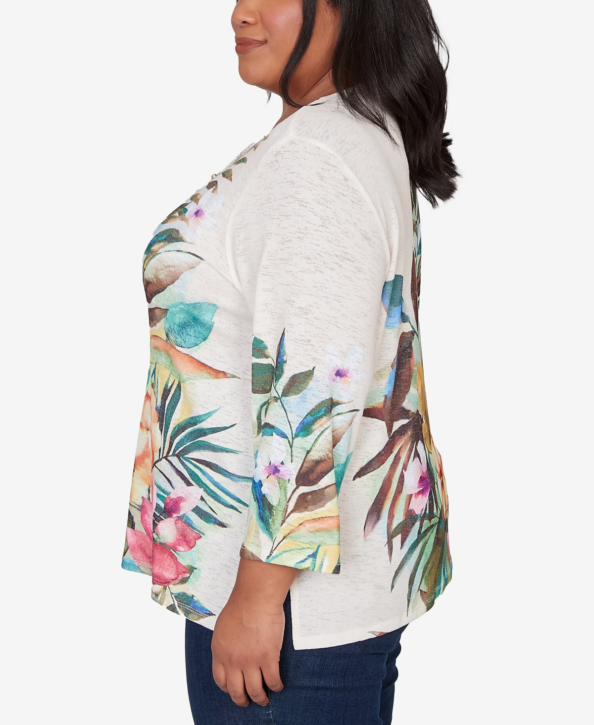 Alfred Dunner Plus Classic Tropical Print Top with Necklace