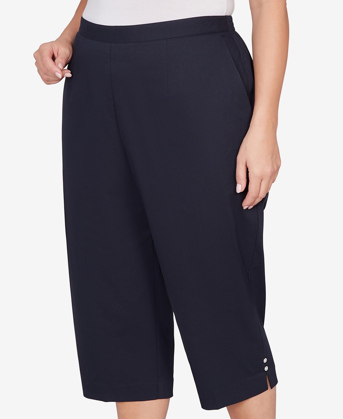 Alfred Dunner Plus Classic Solid Twill Button Hem Capri Pants