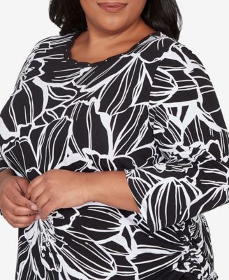 Plus Size Classic Floral Linework Side Tie Ruched Top