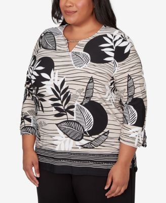 Plus Size Classic Tropical Leaf Border Print Split Neck Top
