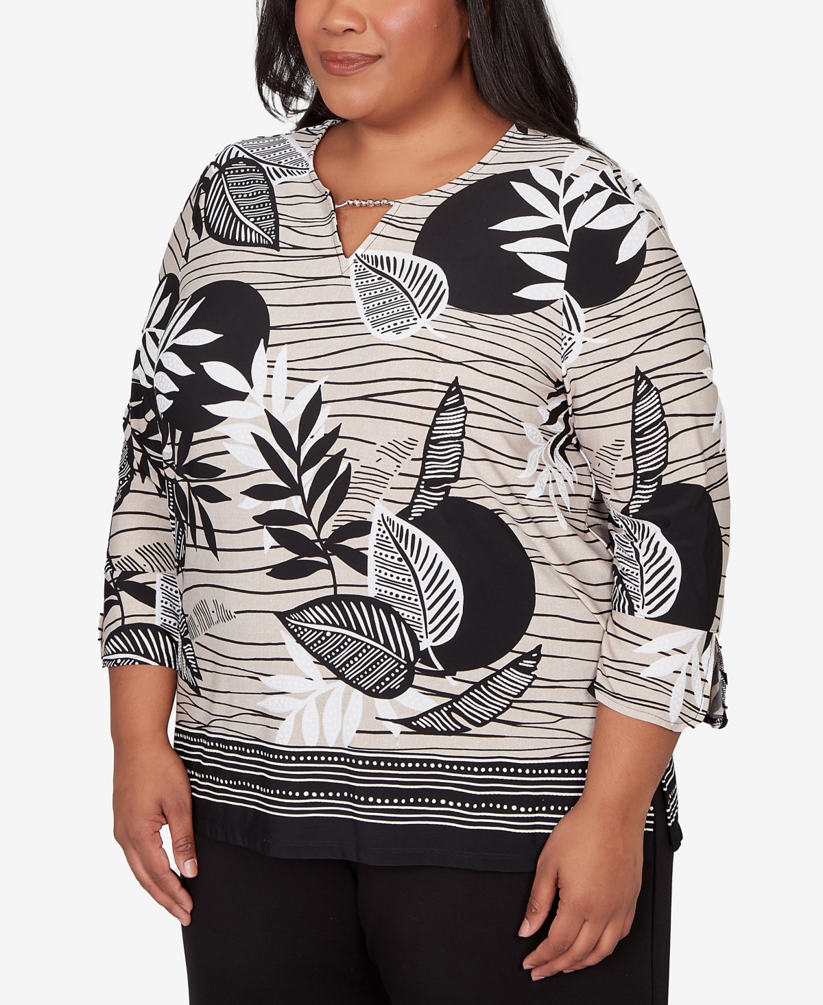 Alfred Dunner Plus Classic Tropical Leaf Border Print Split Neck Top