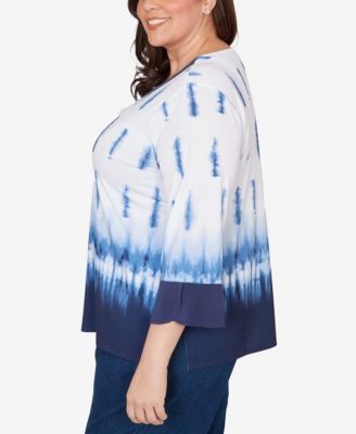 Plus Size Classic Tie Dye Border Split Neck Top