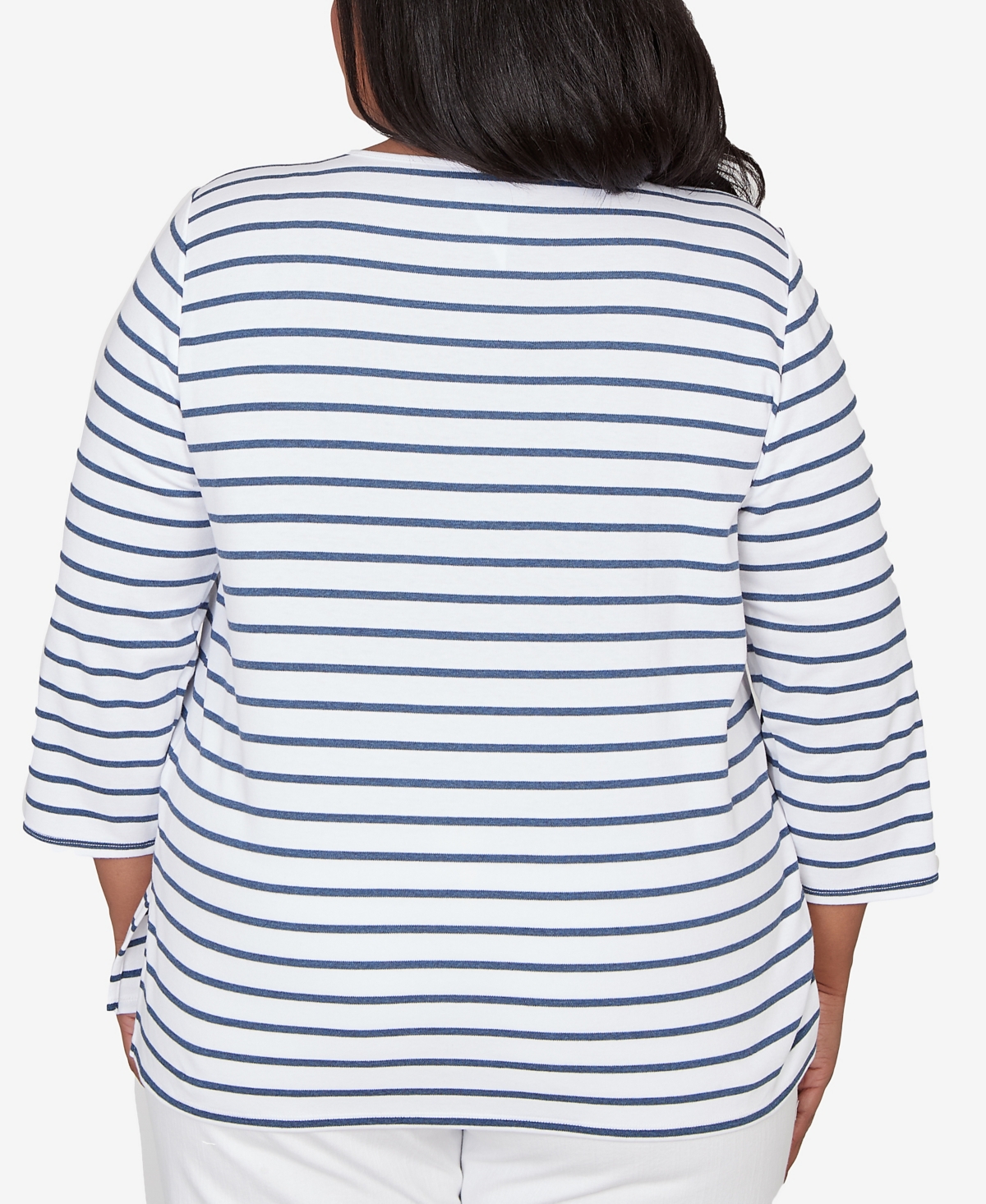 Alfred Dunner Plus Classic Floral Embroidered Stripe Top with Necklace