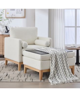  35.4" Farmhouse Upholstered Accent Chair with Ottoman & Coffee Table