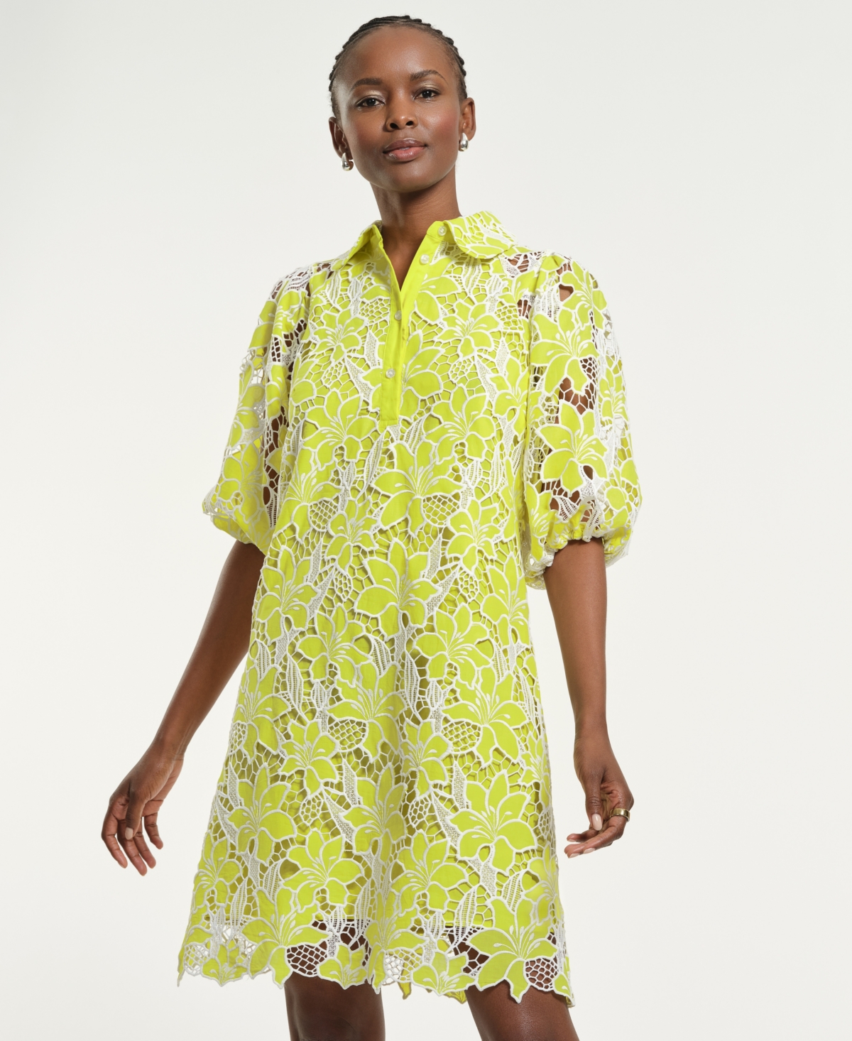 Isaac Mizrahi Women's Eyelet Blouson Collared Neck Dress