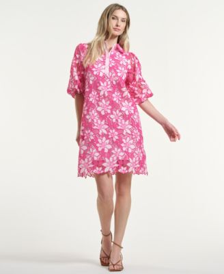 Women's Eyelet Blouson Collared Neck Dress