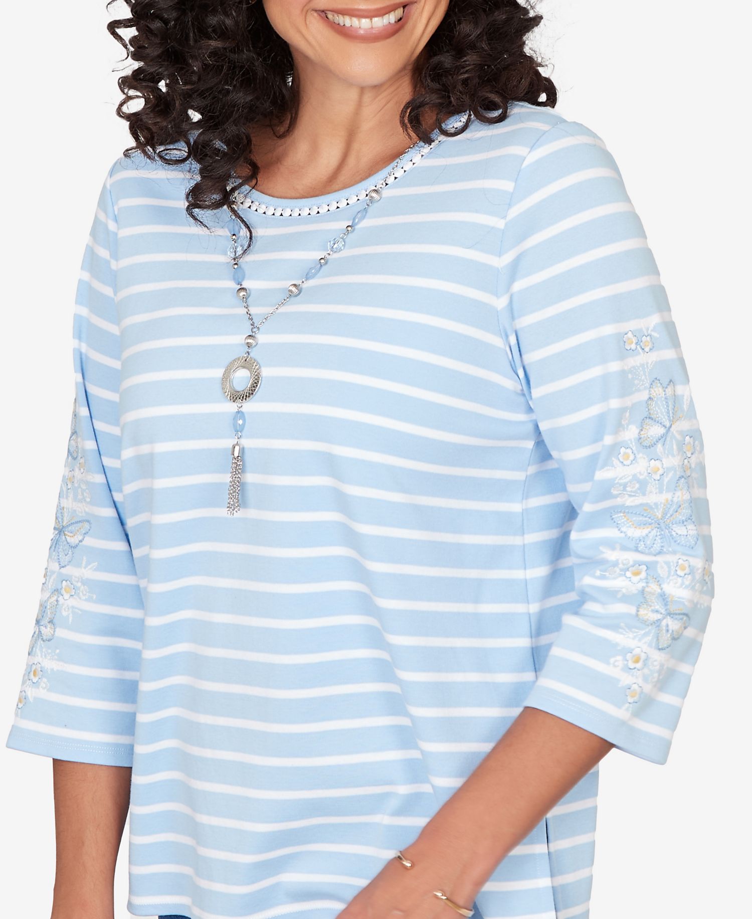 Women's Classic Stripe Cornflower Embroidered Sleeve Top with Necklace
