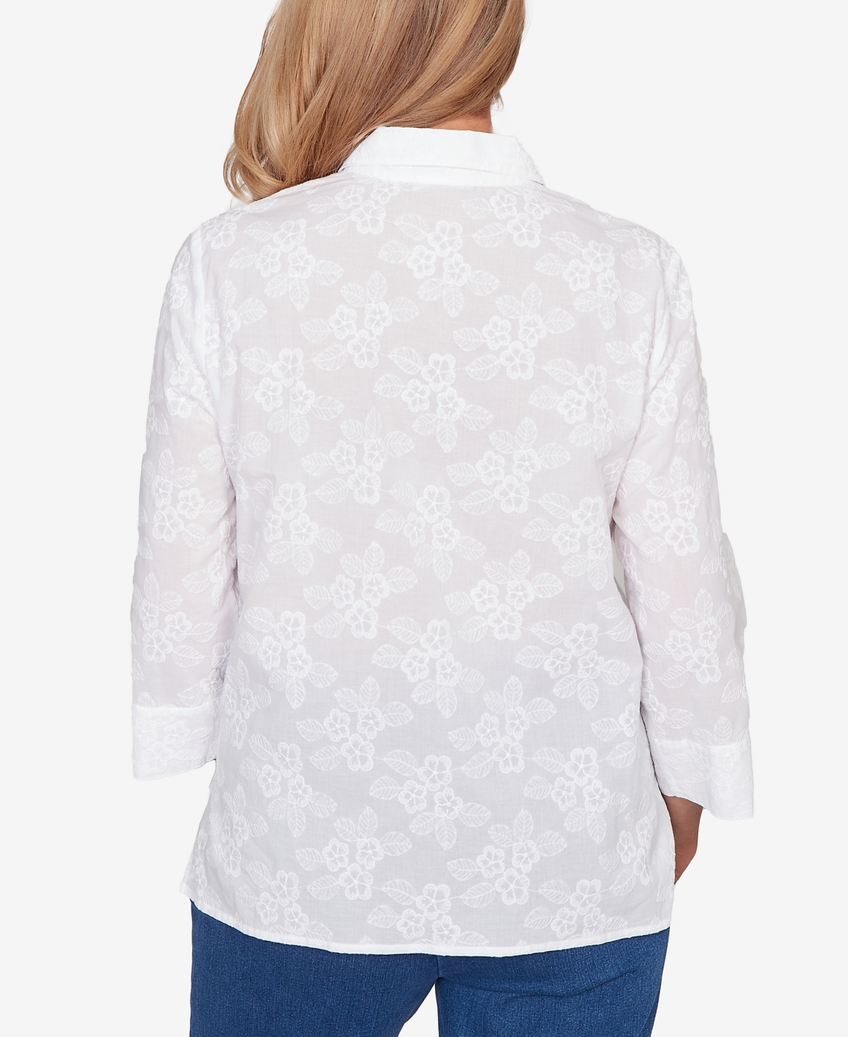Alfred Dunner Women's Classic Collared Flower Embroidered Button Down Top