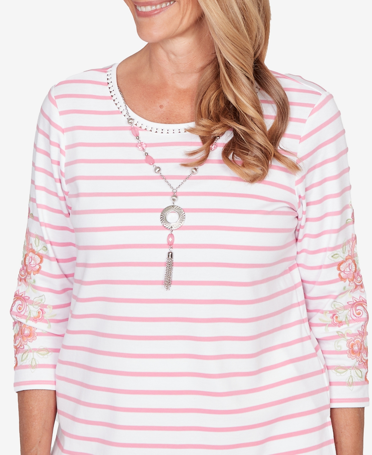 Alfred Dunner Women's Classic Stripe Embroidered Sleeve Top with Necklace