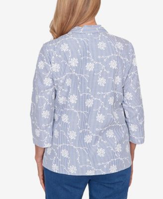 Women's Classic Puff Print Pinstripe Embroidered Button Down Top