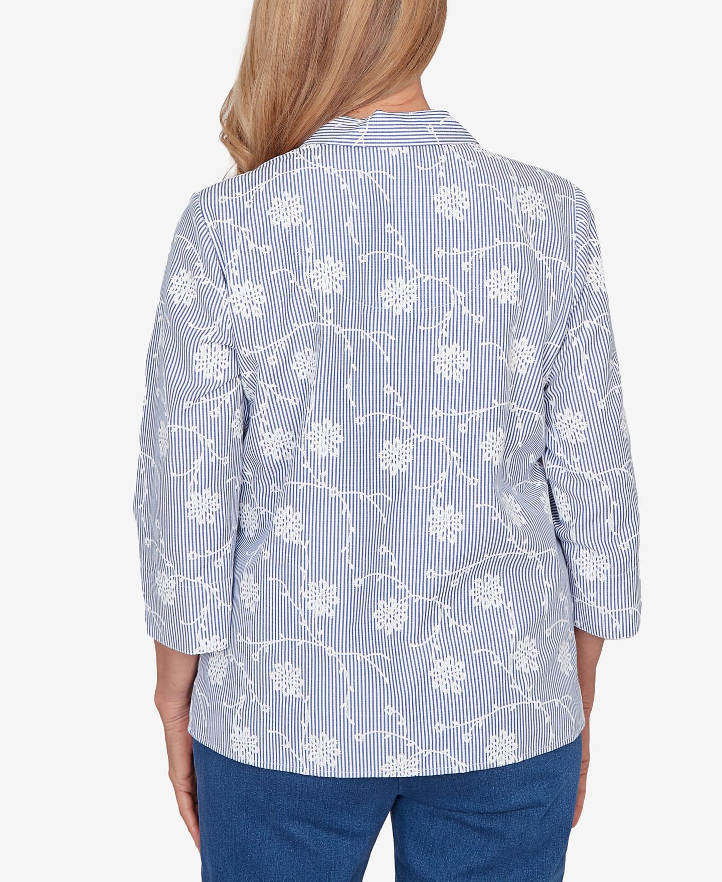 Женский топ Alfred Dunner Classic Puff Print Pinstripe Embroidered Button Down, цвет: Синий — фото 5