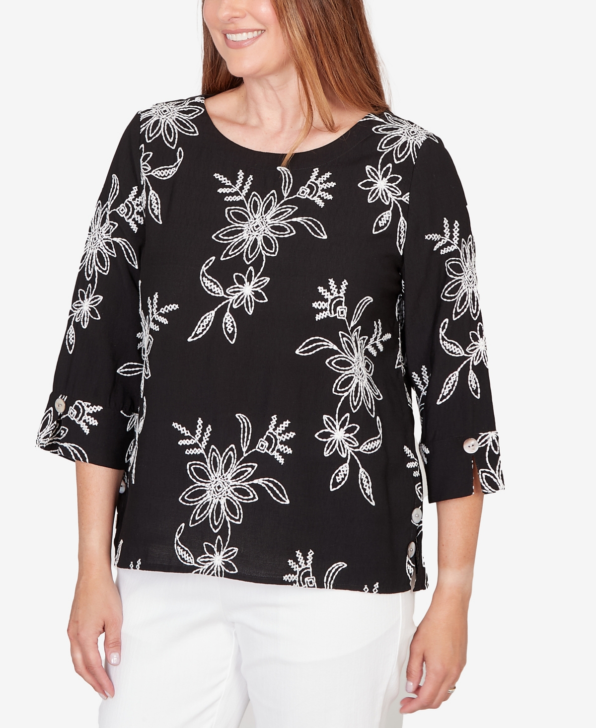 Alfred Dunner Women's Classic Tossed Floral Embroidered Top
