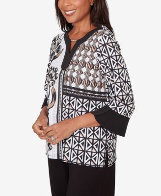 Women's Classic Floral Geo Patchwork Split Neck Top