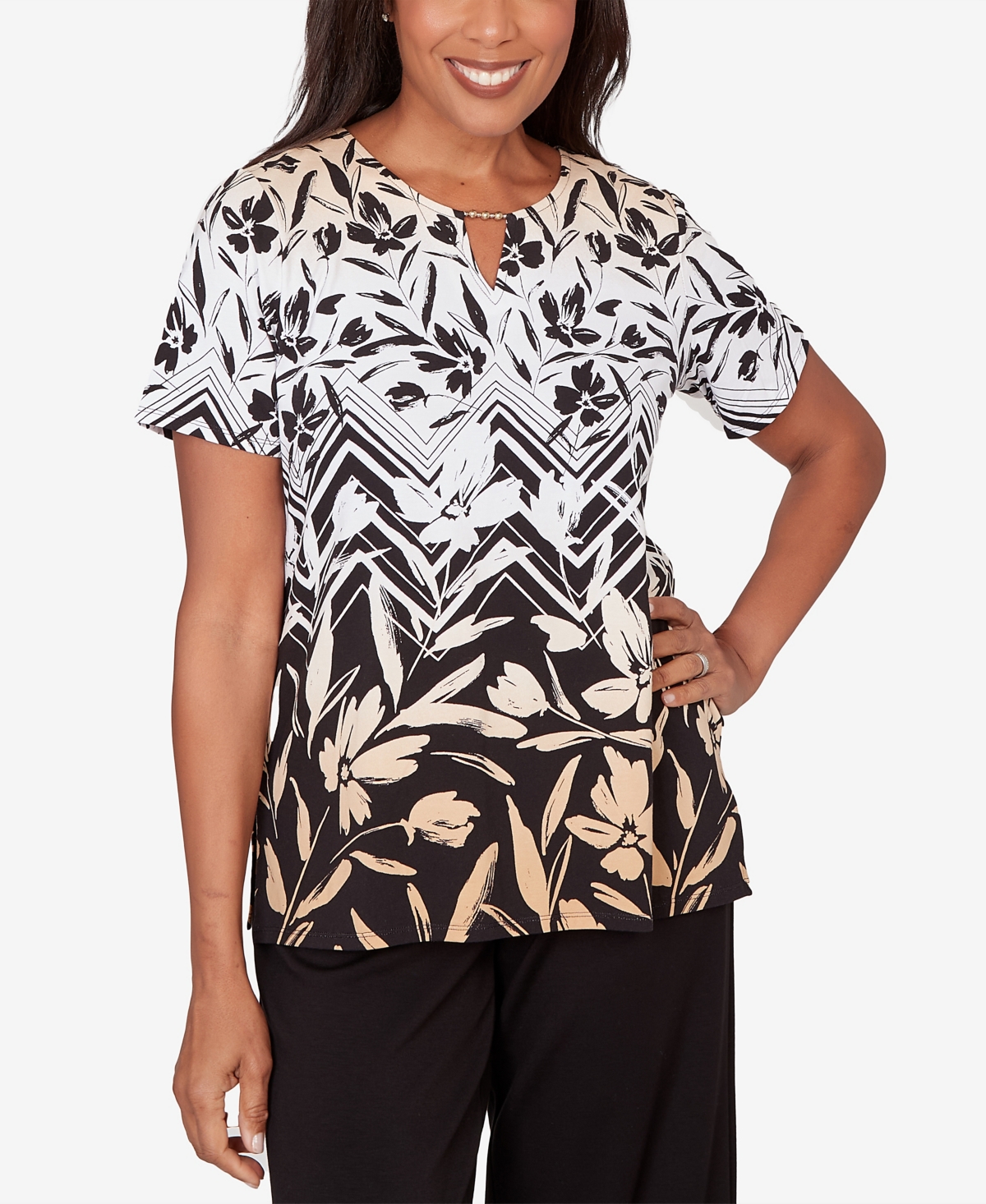 Alfred Dunner Women's Chevron Floral Ombre Print T-shirt In Neutral