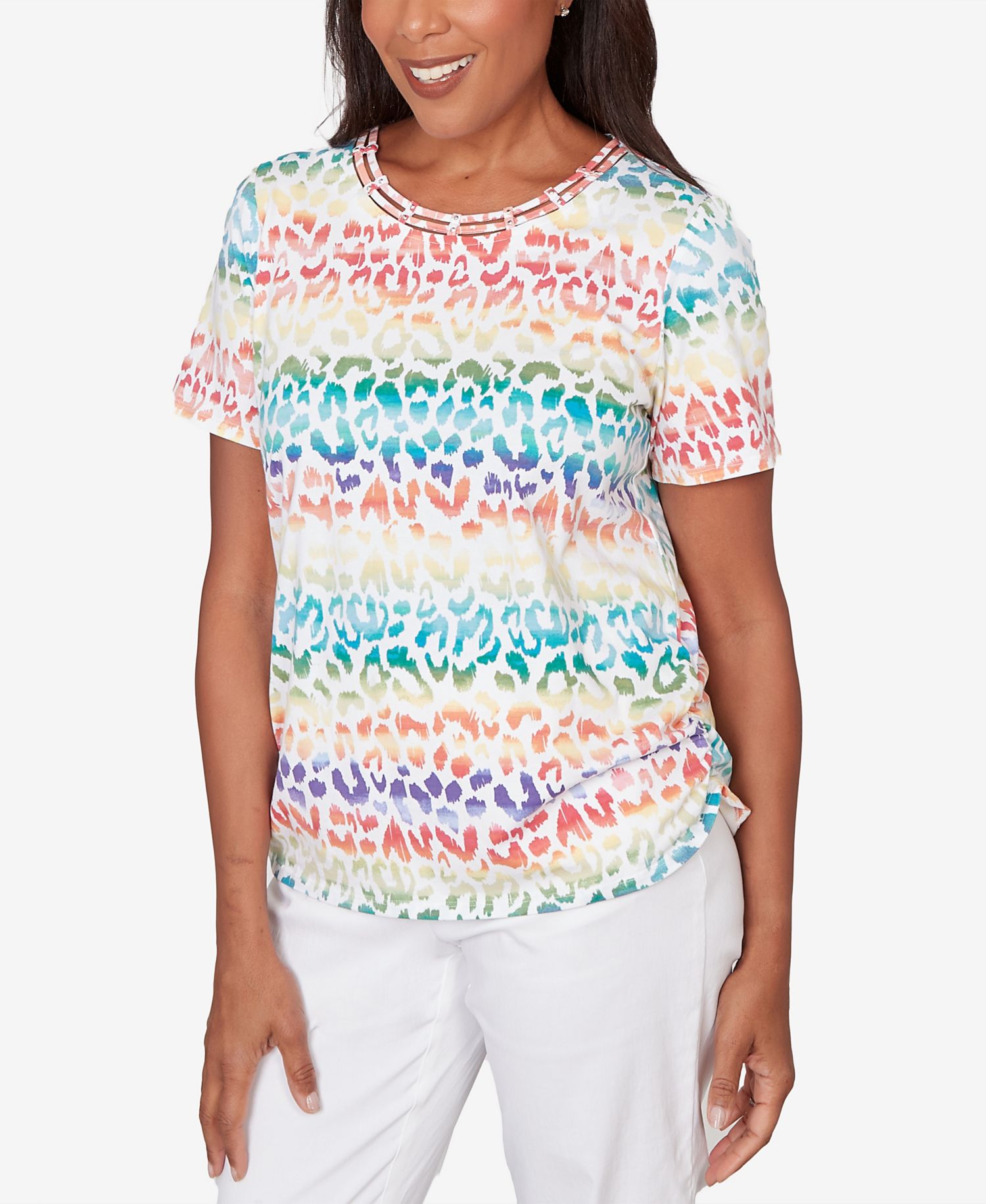 Women's Rainbow Animal Print Beaded Neck Ruched T-Shirt