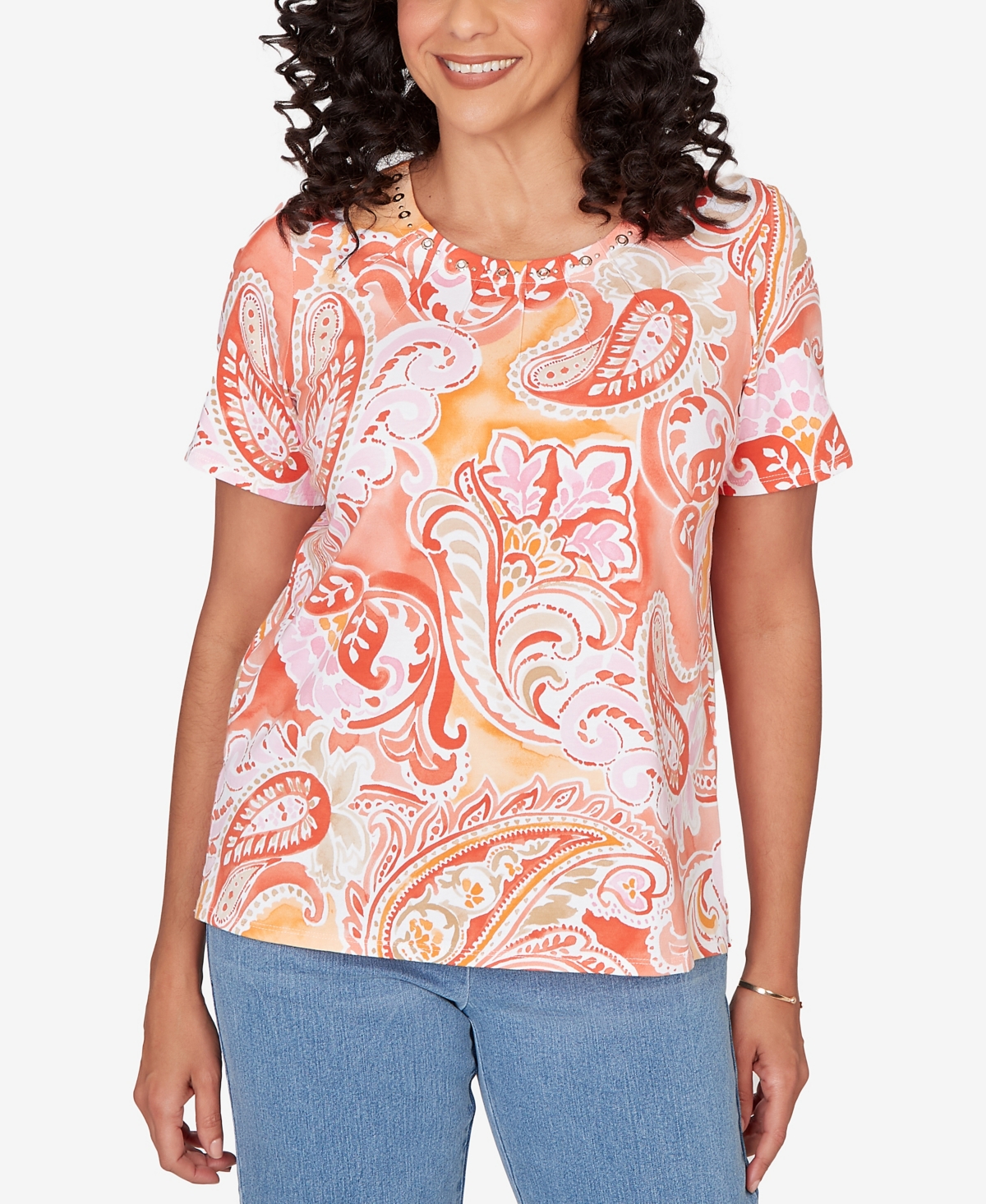 Alfred Dunner Women's Paisley Beaded Neck Pleated T-shirt