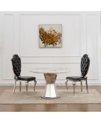 47" Round Marble Dining Table, High Gloss Faux Marble Top, Stainless Steel Base (White