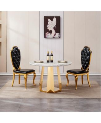  47" Round Marble Dining Table, Gold Base