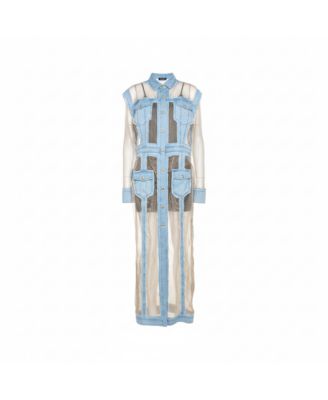 Women's Bicolor Sheer Silk Panelled Denim Trim Shirt Dress