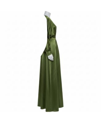 Women's Green Silk Satin Pleated Front Slit Detail Maxi Dress