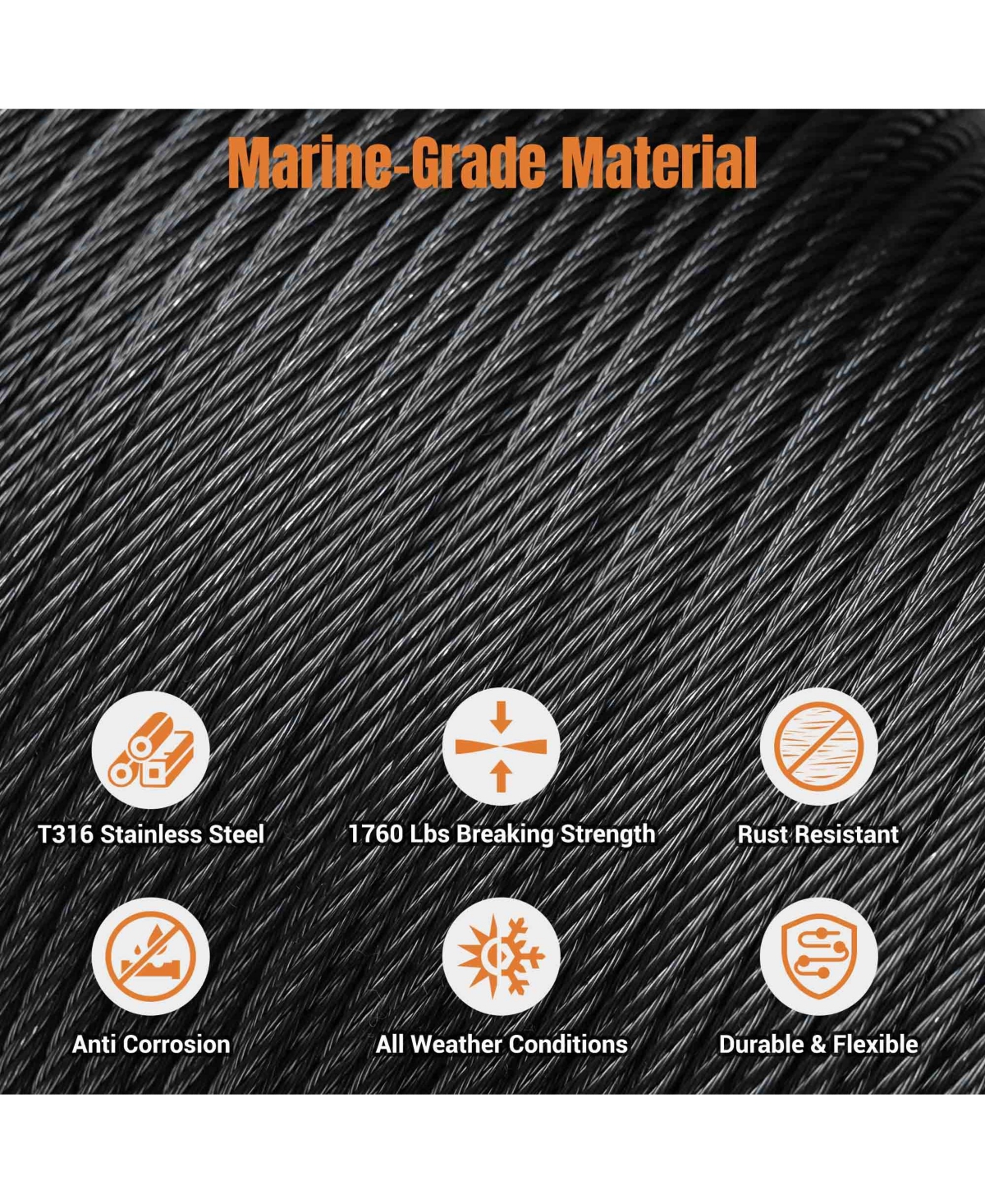 Yescom 500-ft 1/8" T316 Stainless Steel Cable 7x7 Wire Rope for Deck Railing - Black