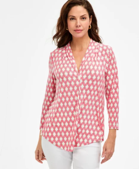 Petite Decor Tile V-Neck Top - Peony Coral