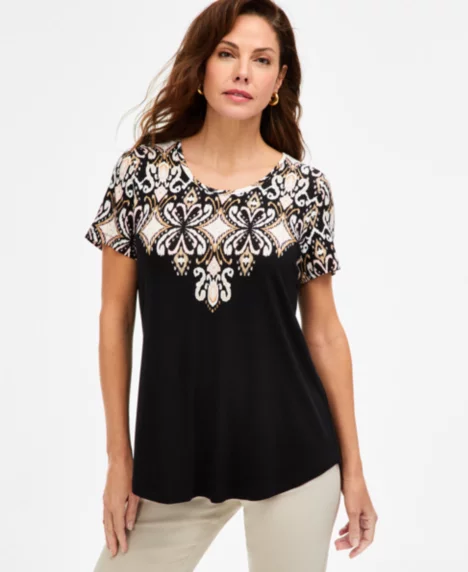 Petite Willow Mantel-Sleeve Round Neck Top - Deep Black