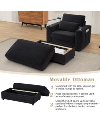 Modern Armchair Chaise Lounge Sofa with Ottoman, USB Ports & Cup Holders - Black
