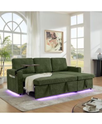 + Sofa Bed + Chenille + Pull-Out w/ Table, LED, USB & Cup Holders