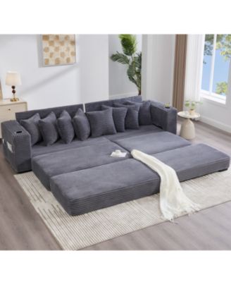 Corduroy L-Shaped Sectional Sofa with Ottoman, Pillows & Cup Holders