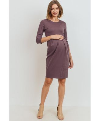 Maternity 3/4 Sleeve Round Neck Front Pleat Dress