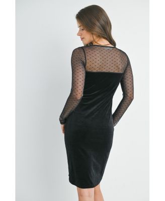 Maternity Sheer Long Sleeve Square Neck Veltvet Dress